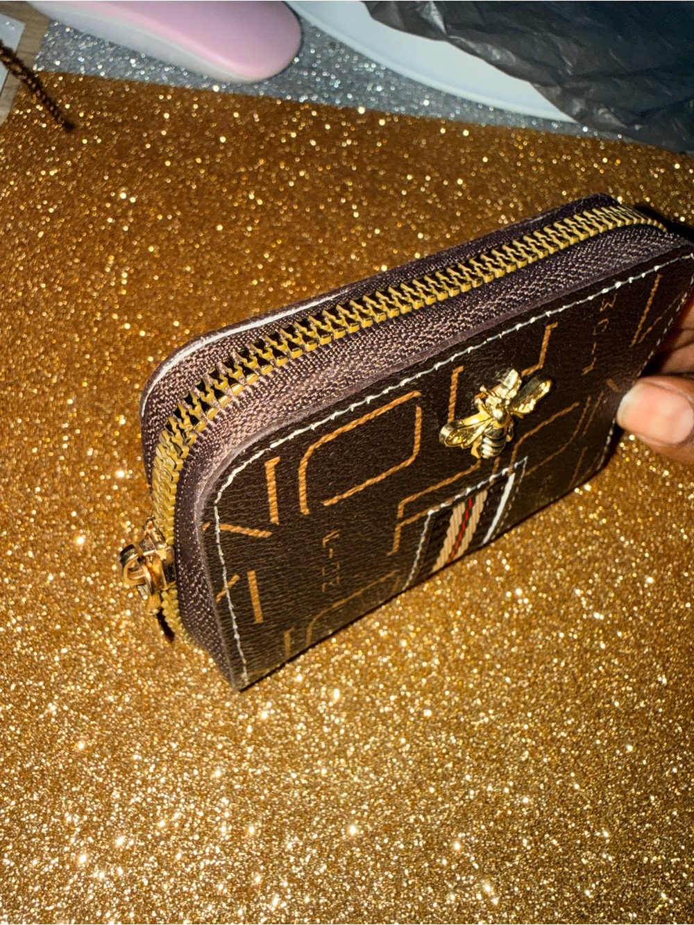 Women’s Brown Zip Card Holder with Gold Bee Accent